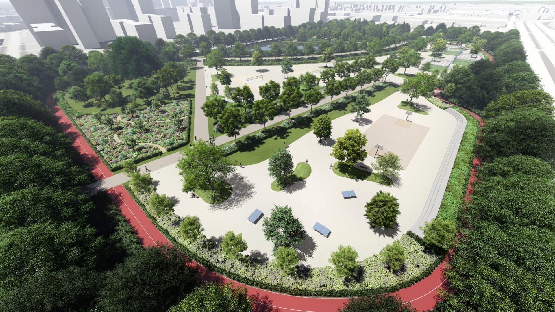 3D render landscape sports park aerial view